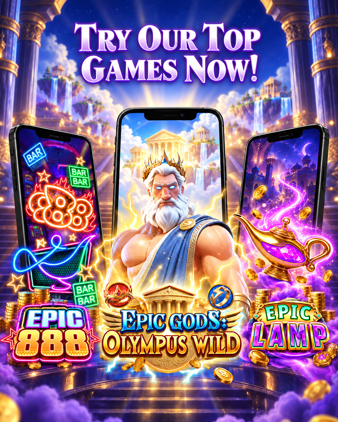 Try our top games now - Epic 888, Epic Gods Olympus Wild and Epic Lamp